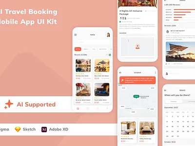 AI Travel Booking Mobile App UI Kit ai app artificial booking calendar chatbot chatgpt destination holiday intelligence kit location reservation schedule tour travel trip ui