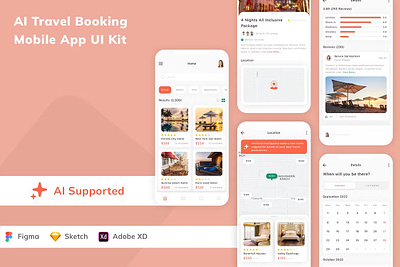 AI Travel Booking Mobile App UI Kit ai app artificial booking calendar chatbot chatgpt destination holiday intelligence kit location reservation schedule tour travel trip ui