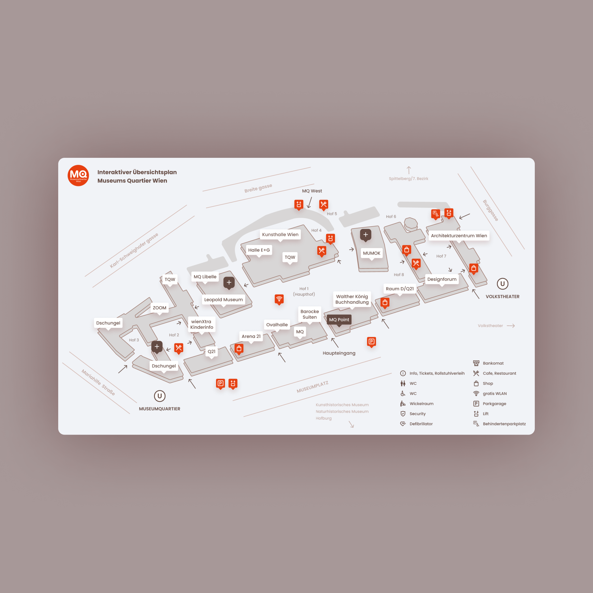 MQ Wien Interactive Map design graphic design interactive components interactive map interactive prototype map museum quarter museum quartier ui ui design ux ux design vienna visual design webdesign wien