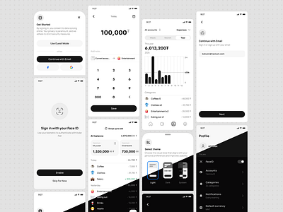 Personal Finance App Design biometric bottomsheet calendar dark dark mode finance graphic login mobile personal finance profile select theme statistic theme tracking