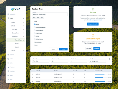 Vineyard - elements of a web app for managing winery processes attributes filtering management components management tool navigation pop up table ui ux web app web design wine cellar wizard