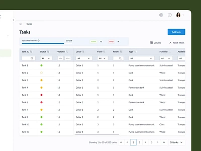 Vineyard - tanks table with filtering and sorting attributes breadcrumbs filtering management components management tool navigation sorting table ui ux web app web design winecellar wizard