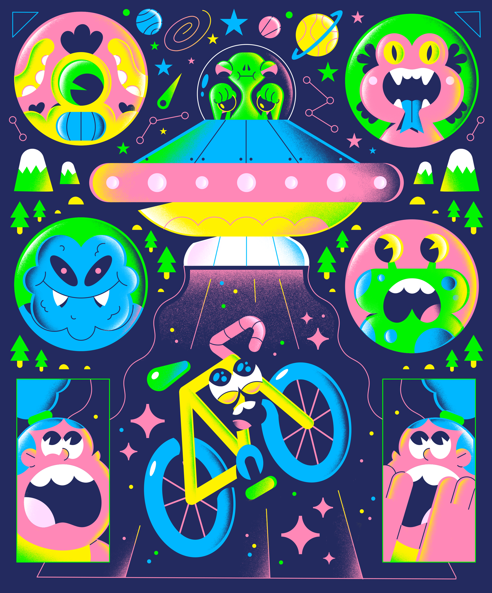 Abducted By Aliens alien bike character editorial freelance illustration ovni ufo vector