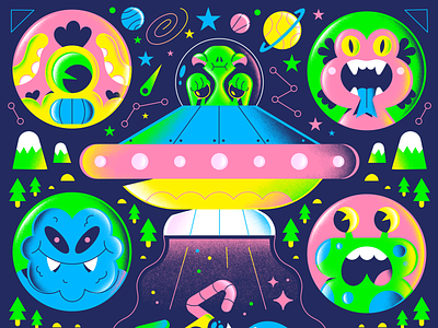 Abducted By Aliens alien bike character editorial freelance illustration ovni ufo vector