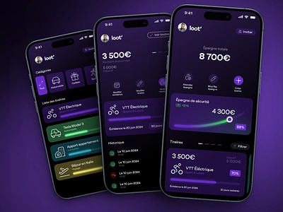 Loot' Mobile App (Overview) app application argent darkmode dollar epargne euro figma finance invest investment mobile money saving tirelire traderepublic trading ui ux