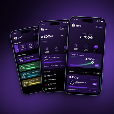 Loot' Mobile App (Overview) app application argent darkmode dollar epargne euro figma finance invest investment mobile money saving tirelire traderepublic trading ui ux