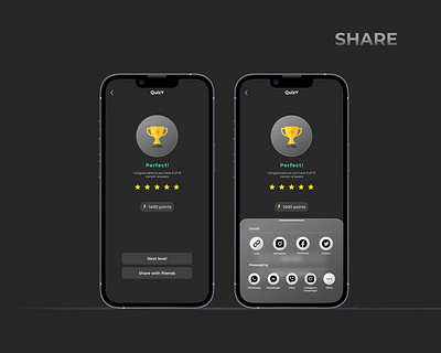 Social share app black button dailyui figma green points quiz share social uiux yellow
