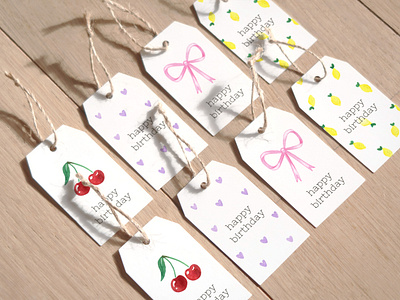 Happy Birthday Labels - Personal work birthday cherry coquette heart labels lemons ribbon watercolor