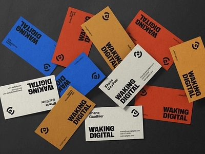 Business Cards | Waking Digital Brand Identity brand identity brand identity print business card business card design colourful print digital agency digital agency business card minimal business card multiple colors print print design seo agency web dev elopment agency webflow agency