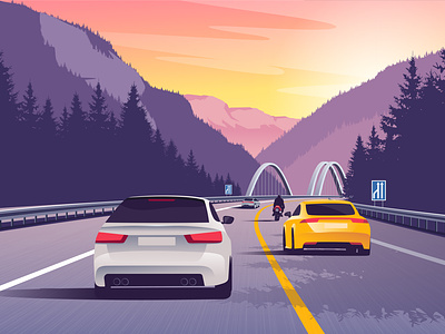 In the mountains at sunset apls car cloud driving euorope forest journey landscape mountain nature road scenichill sly spees summer sunset traffic travel tree vector
