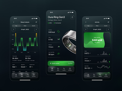 Smart Ring App Concept - Dashboard, sleep and activity tracker activity app charts dark mode data device healthy home iot lifestyle mobile ring sleep smart sport stats tracker visualization