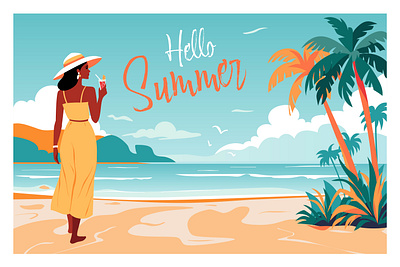 Summer time beach flat flat design girl illustration poster retro summer vector