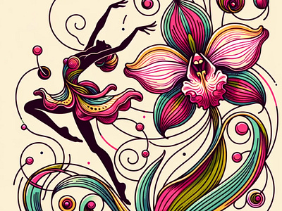 Orchid Rhythms by Aravind Reddy Tarugu aravind art artistic nature botanical design creative graphics dancing lady orchid design detailed floral dynamic artwork elegant lines floral vector illustration nature art orchid illustration reddy symphonic design tarugu vector vivid colors whimsical artwork