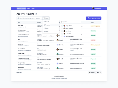 ApprovalStack requests and filters agency creative agency design agency design systems figma filters product studio table tailwind tailwind css ui ux web app