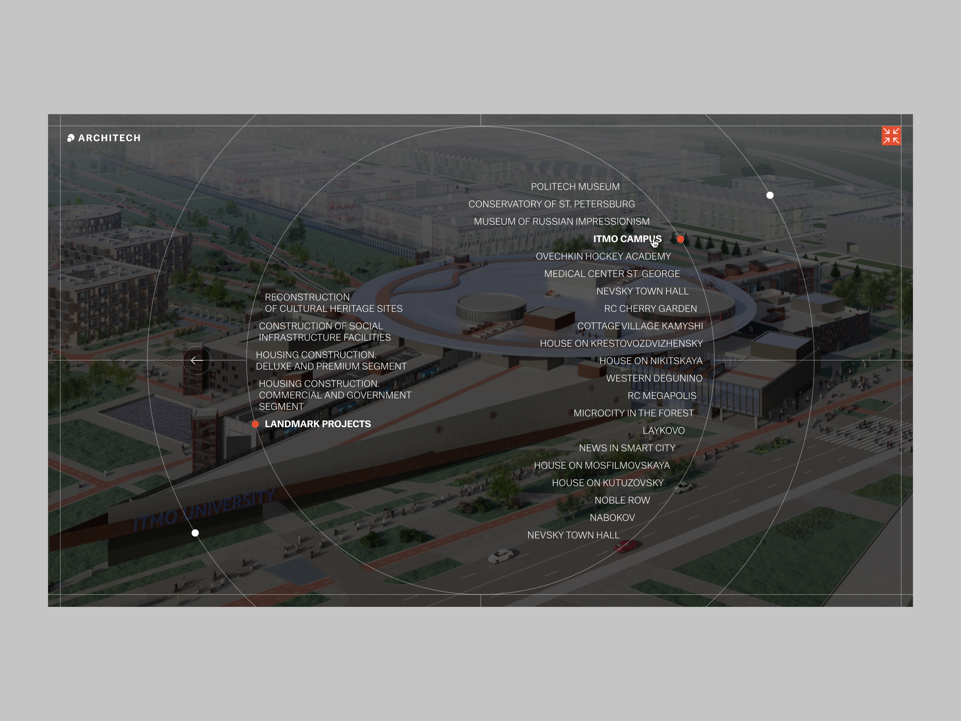 Navigation concept for landing page 3d animation architect branding concept cyrcle design graphic design landing menu modern motion graphics navigation new projects studio style top ui web