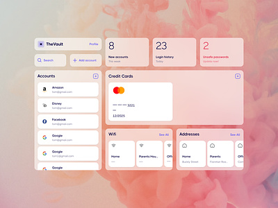 TheVault - Personal data security app app bento box branding concept credit card design interface logo password security ui ux webapp wifi