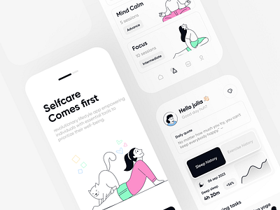 Self-Care Mobile App app app ui clean design exercise health light meditation mental health minimal mobile mobile app mobile app ui onboarding self care sleep tracker ui user interface ux wellness