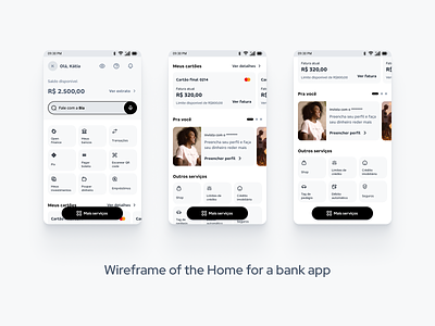 Wireframe of the Home for a bank app android app bank finance ios mobile product design redesign ui uidesign ux uxdesign visual design wireframe