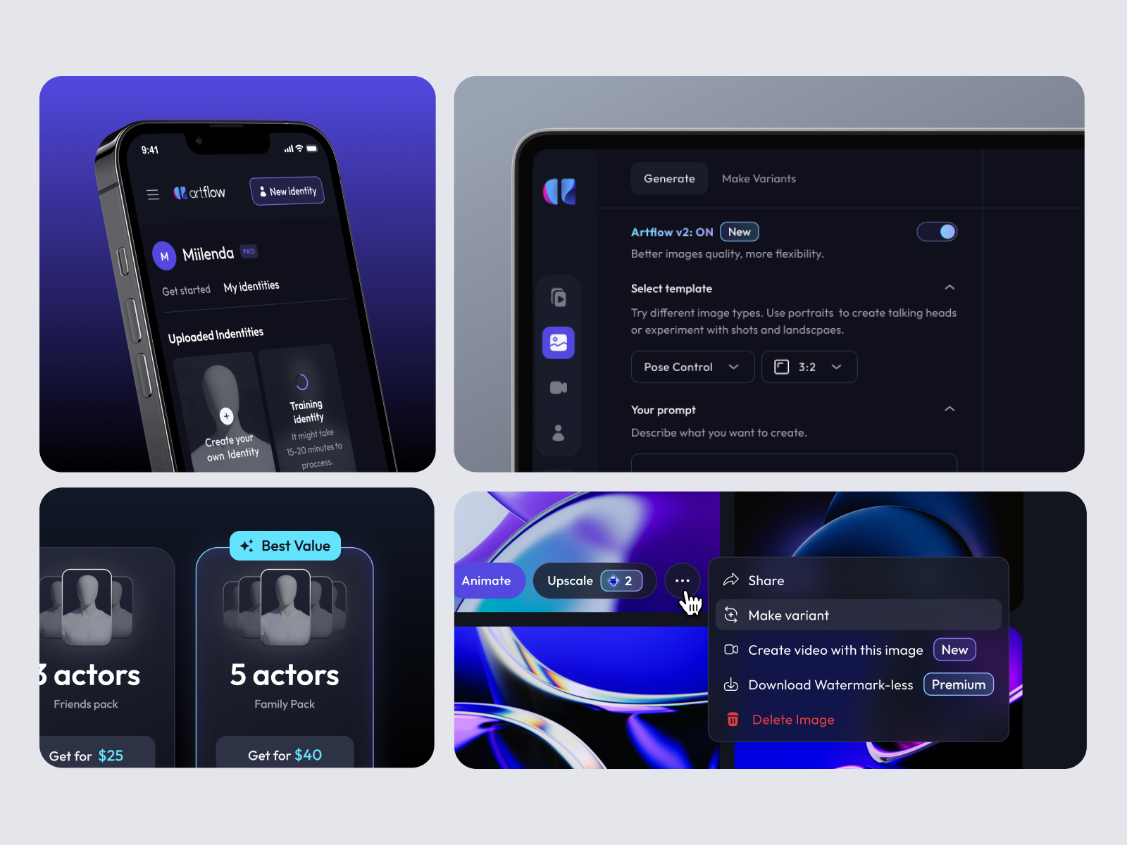 Artflow Image Studio ai app appdesign branding dall e design designer dropdown generative image gen images menu mobile modal pricing product ui ux web
