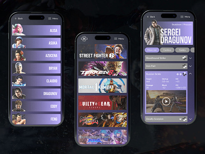 Frame Trapped - Fighting game frame data app android app dragonball fgc fighting games gradient granblue graphic design guilty gear ios mobile street fighter tekken ui ux