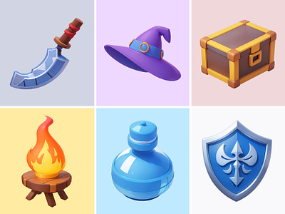 RPG Icon Collection 3d cartoon chest cute fire game hat icon illustration pastel potion rendering rpg shield sword wizard