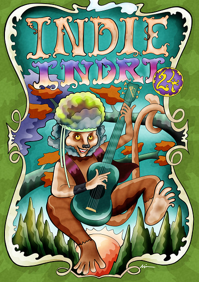 "Indie Indri" version 2 art branding color pencil design draw dream festival illustration logo madagascar music poster vintage water ink