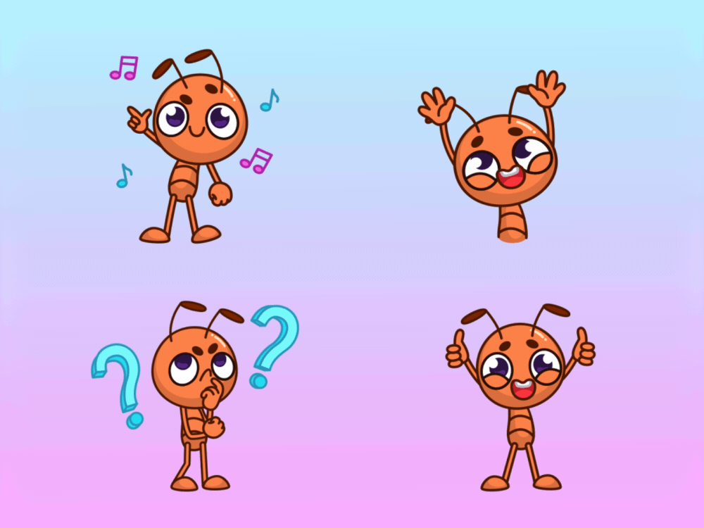 Animated ant stickers 2d after effects animation ant character dancing emotions funny gif happy illustration jumping motion graphics music puzzled rainbow thinking thumbs up wondering