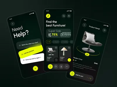 Modern Furniture App UI android app apps design branding dark theme app design furniture furniture app furniture ui help page ui ios app ui logo modern ui mr chaudhari product details screen ui smart home ui ui uiux ux