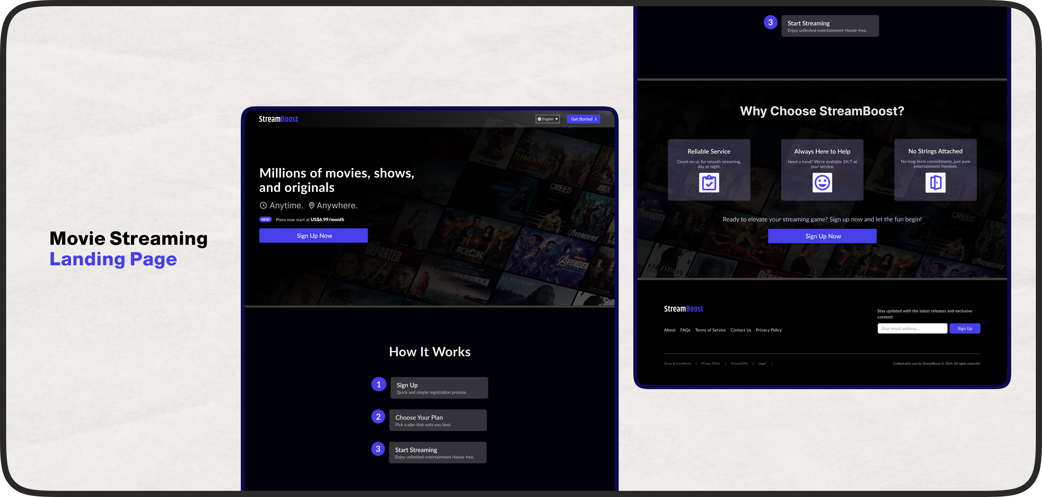 Daily UI Challenge : Day 6 (Landing Page) cleardesign cta calltoaction graphic design herosection landingpagedesign streamboost streamingplatform subscriptionservice uichallenge uiux userengagement userflow visualhierarchy
