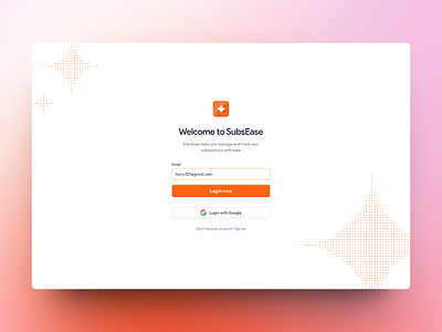 SubsEase app beautiful hero dashboard design light theme login management minimal onboarding orange sign up subscription ui website