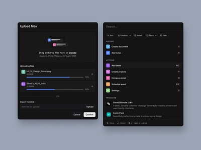 File Upload & Open Search Modals - AI Style Kit clean content management creative dark design challenge drag drop figma file upload global search minimal minimalist open search projects search ui uiux upload upload file ux