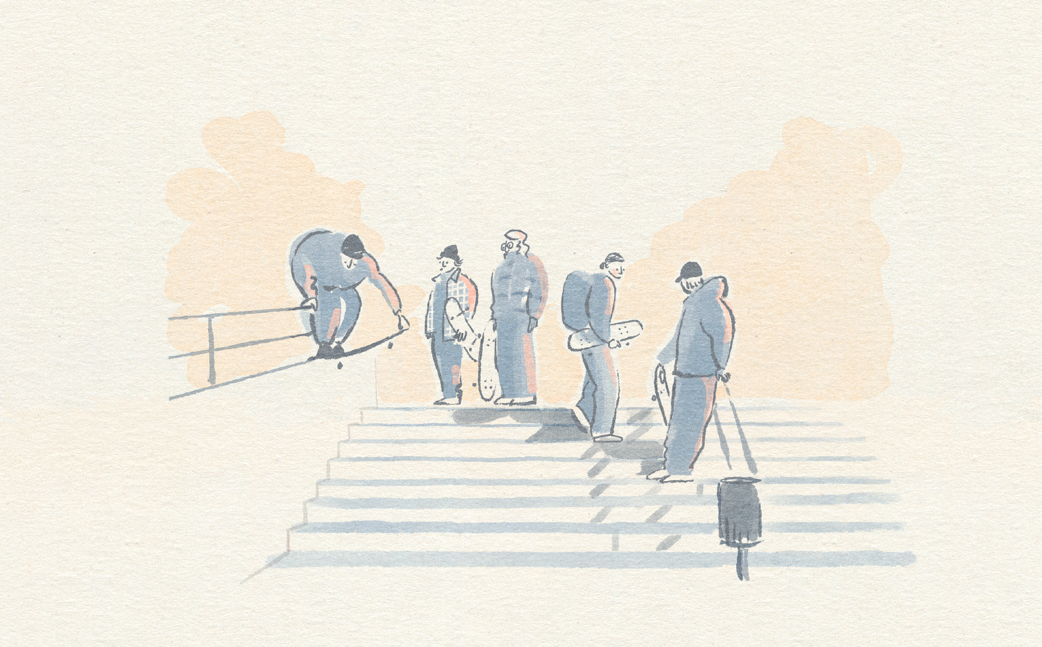 Spot Hunt in Bari, Italy character design cityscape hand drawn illustration ink skateboarding skater sketch sport watercolor