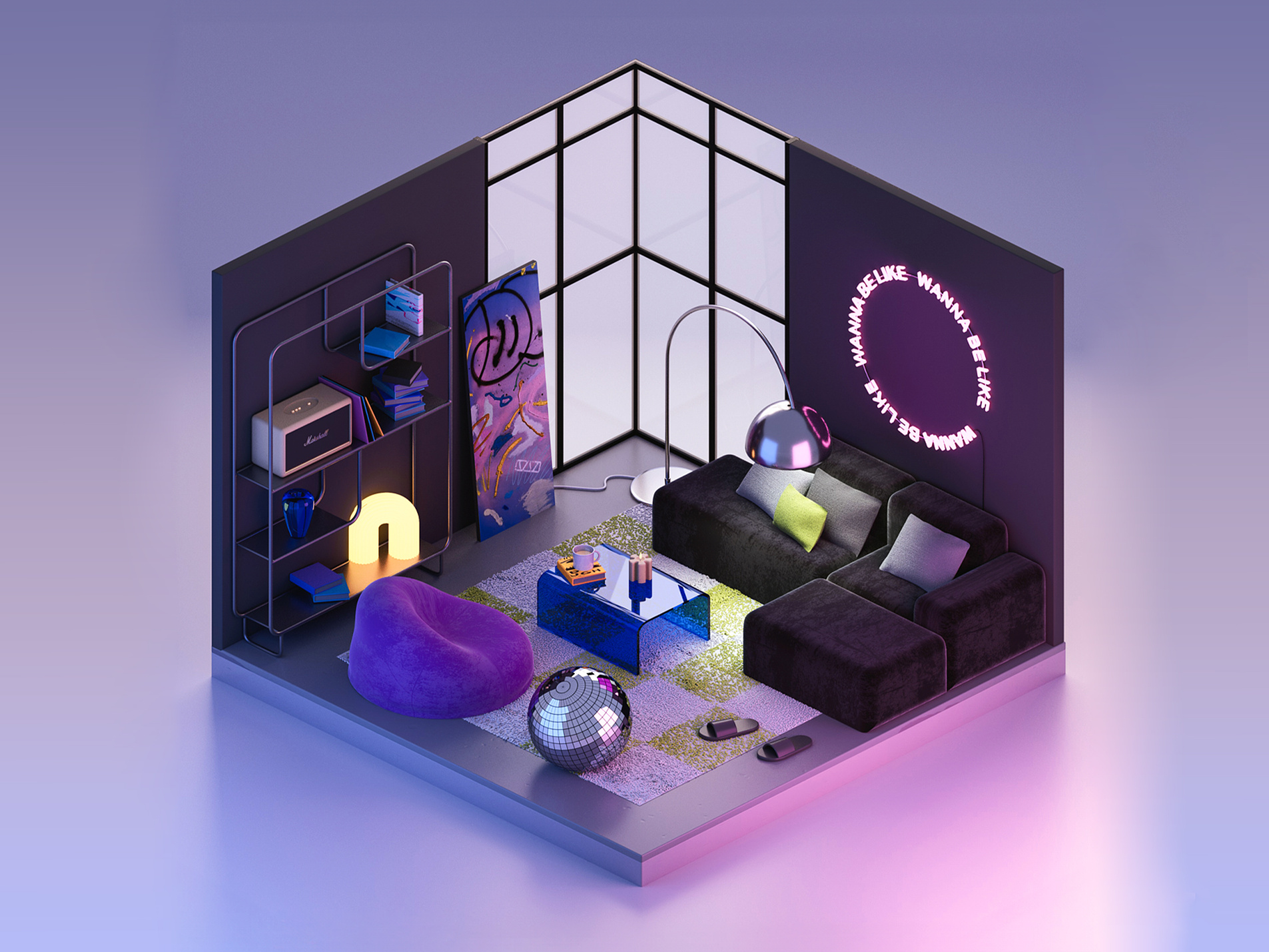 3D room 3d 3d room c4d cinema 4d disco ball graphic design illustration marshall neon room sofa