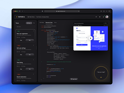 Transforming Testing with AI 🌟 ai apps black dashboard furtherai platform design product design testing transforming uiux web