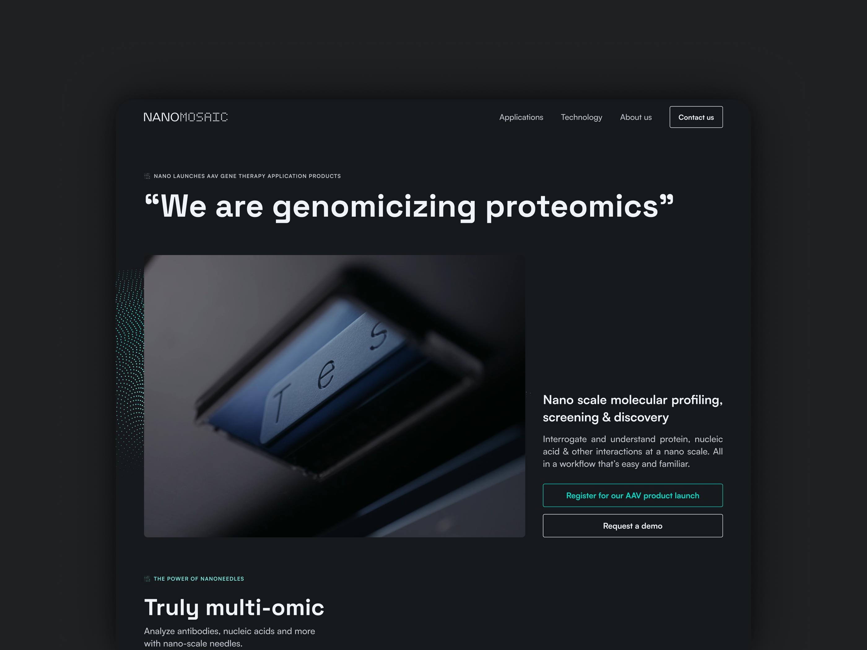 Webdesign NanoMosaic black branding clean dark darkmode design desktop graphic design line minimal nano tech technology ui vibrant web webdesign website