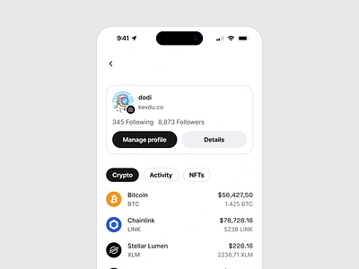 Profile View app btc clean crypto list table ios app manage profile mobile app profile profile image settings trading ui user profile ux