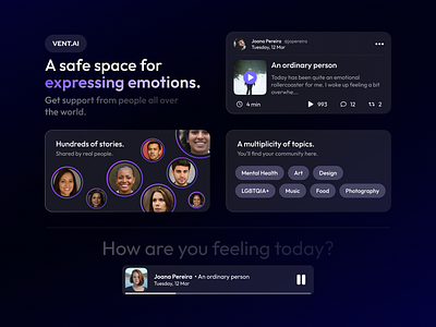 VENT.AI ~ Pour out your thoughts and feelings advice chatbot community concept emotions interface listen machine learning mental health mobile app poc podcast product design social media ui vent well being