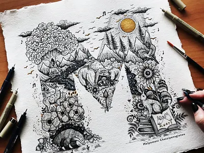 Illustrated Letter ''M'' animals art branding commission art design drawing graphic design handmade handmade art illustration landscape letter lettering logo nature painting pen pen and ink scenery typography