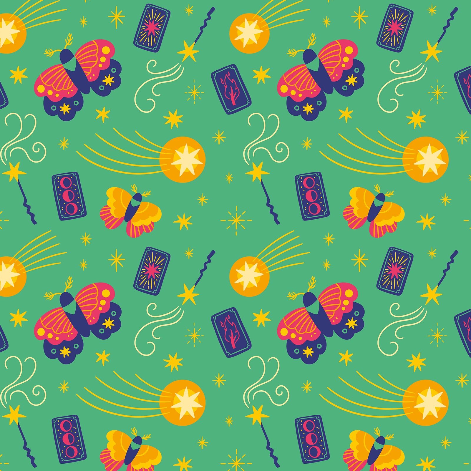 Bright Enchanting Pattern - Magic butterfly children colorful cosmic cute enchanting fun illustration joyful kids magic magical moth pattern seamless stars vector wand