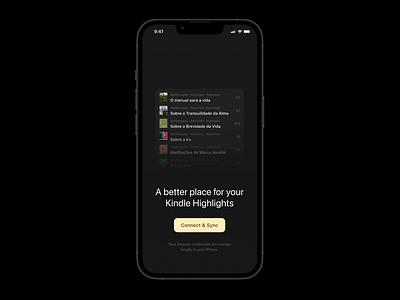 Connect & Sync Kindle Highlights app design cards dark theme dark ui motion ui product design sync ui ui design ux