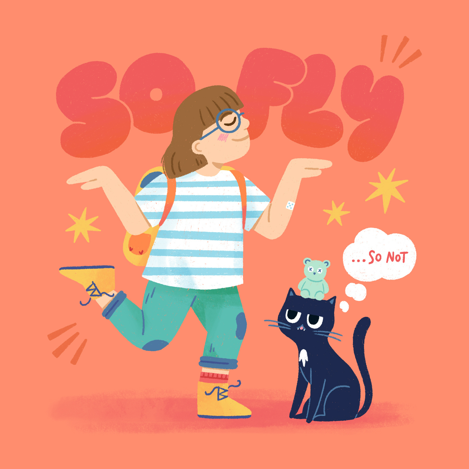 Rosie & Bento - So Fly adventurous black cat character children colorful cute fun funny illustration joyful kids procreate quirky young girl