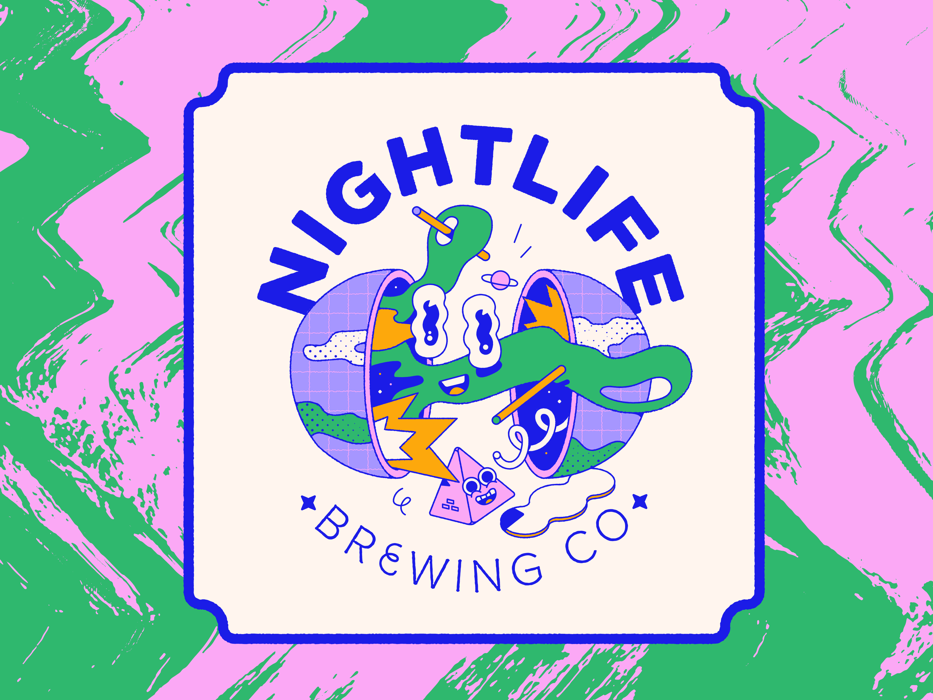 NIGHTLIFE BREWING CO beer branding character illustration label outlines patswerk pattern planet psychedelic sticker trippy vector