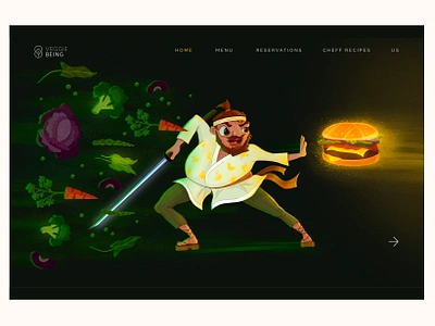 Samurai for veggie restaurant brand 2d burger fastfood food healthy illustration landing restaurant samurai sword vegetables veggi website