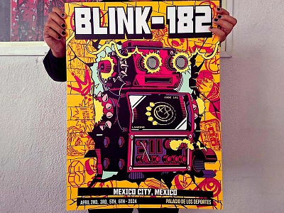 Blink-182 México Tour 2024 blink 182 bot cartoon character design graphic design illustration machine music poster punk robot skull vector