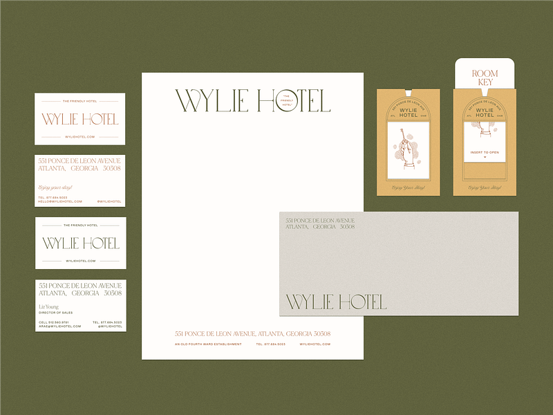 Wylie Hotel Collateral Suite branding collateral design hotel identity illustration logo stationery stationery suite typography