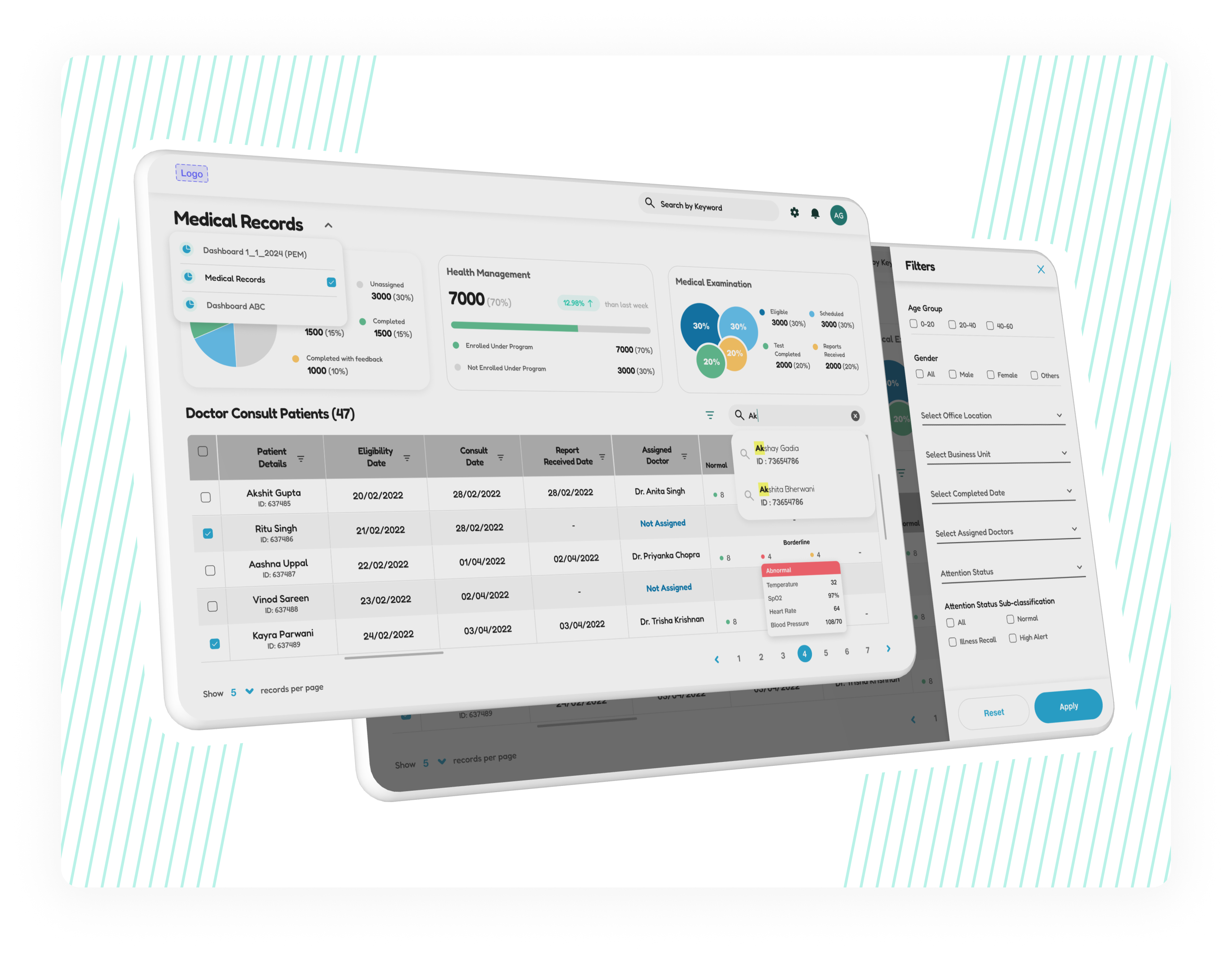 Doctor Dashboard admin analytics booking clinic consultation diagnosis doctor appointment graph health management healthcare hospital medical medicine modern panel patient saas statistics treatment uiux