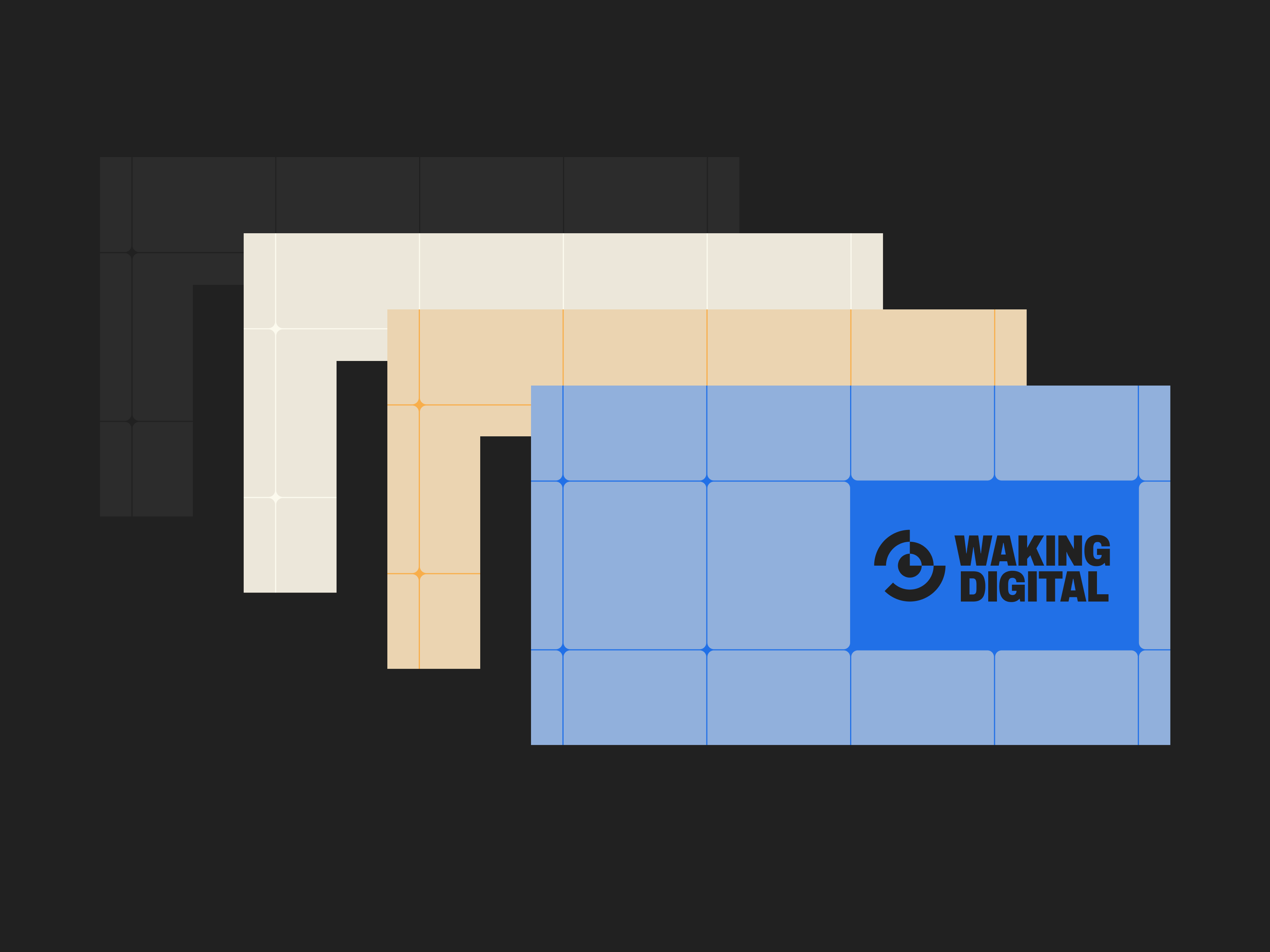 Visual Elements | Waking Digital Brand Identity dark dark theme dark ui digital agency digital agency brand identity facebook cover grid linkedin cover low contast modular modular grid og graphics seo social media cover twitter cover webflow youtube cover