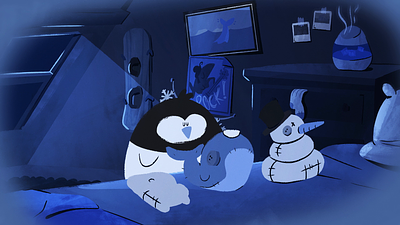 Over The Rainbow - Penguin animation bed bedroom blue cold goodnight hug ice kids motion nighttime penguin pet snowboard snowflake snowman stuffed animals sweet waddle whale