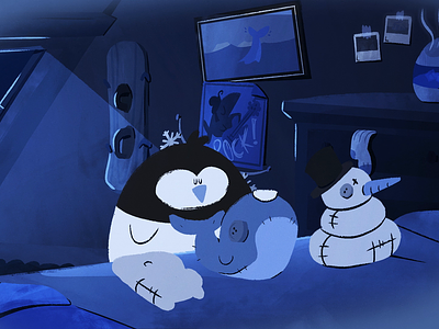 Over The Rainbow - Penguin animation bed bedroom blue cold goodnight hug ice kids motion nighttime penguin pet snowboard snowflake snowman stuffed animals sweet waddle whale