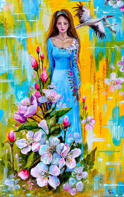 Original Ukraine painting, Ukrainian Woman and Flowers, World art birds flower girl hand painted handmade nature paint painting ukraine war woman